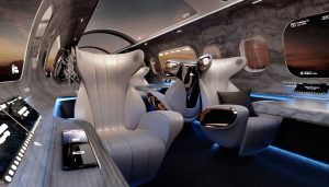 Inside a futuristic aircraft cabin with two seats and touch controls