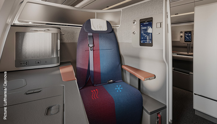 airline seat with hot red half and cold blue half side angle