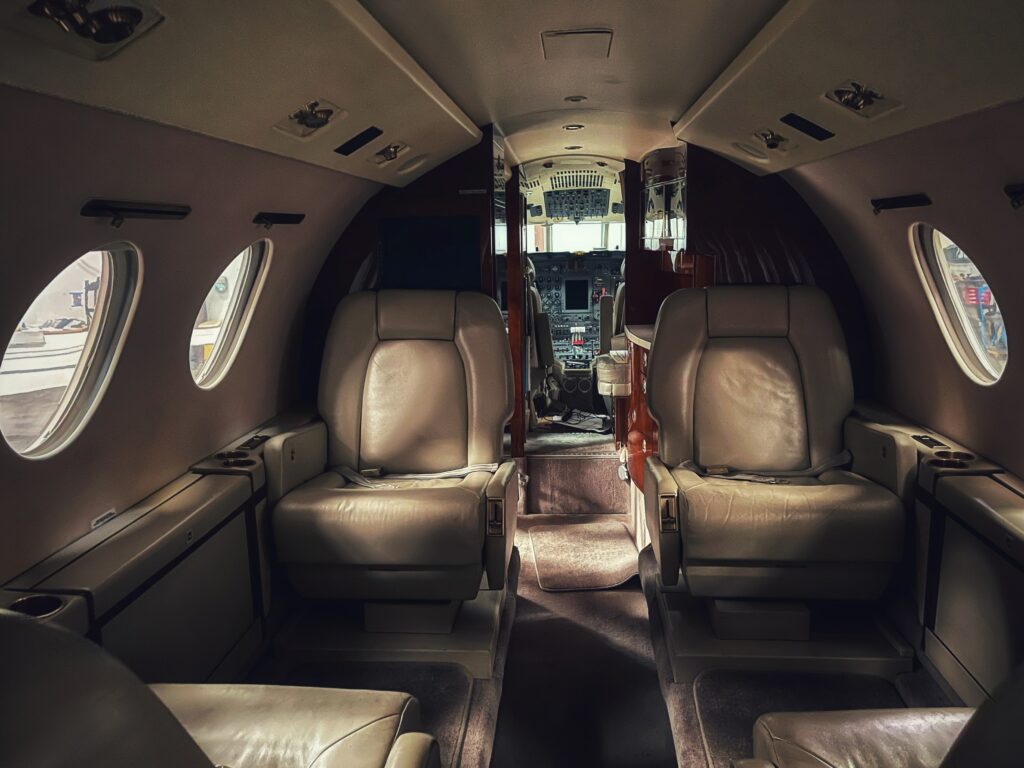 business jet interior in shade